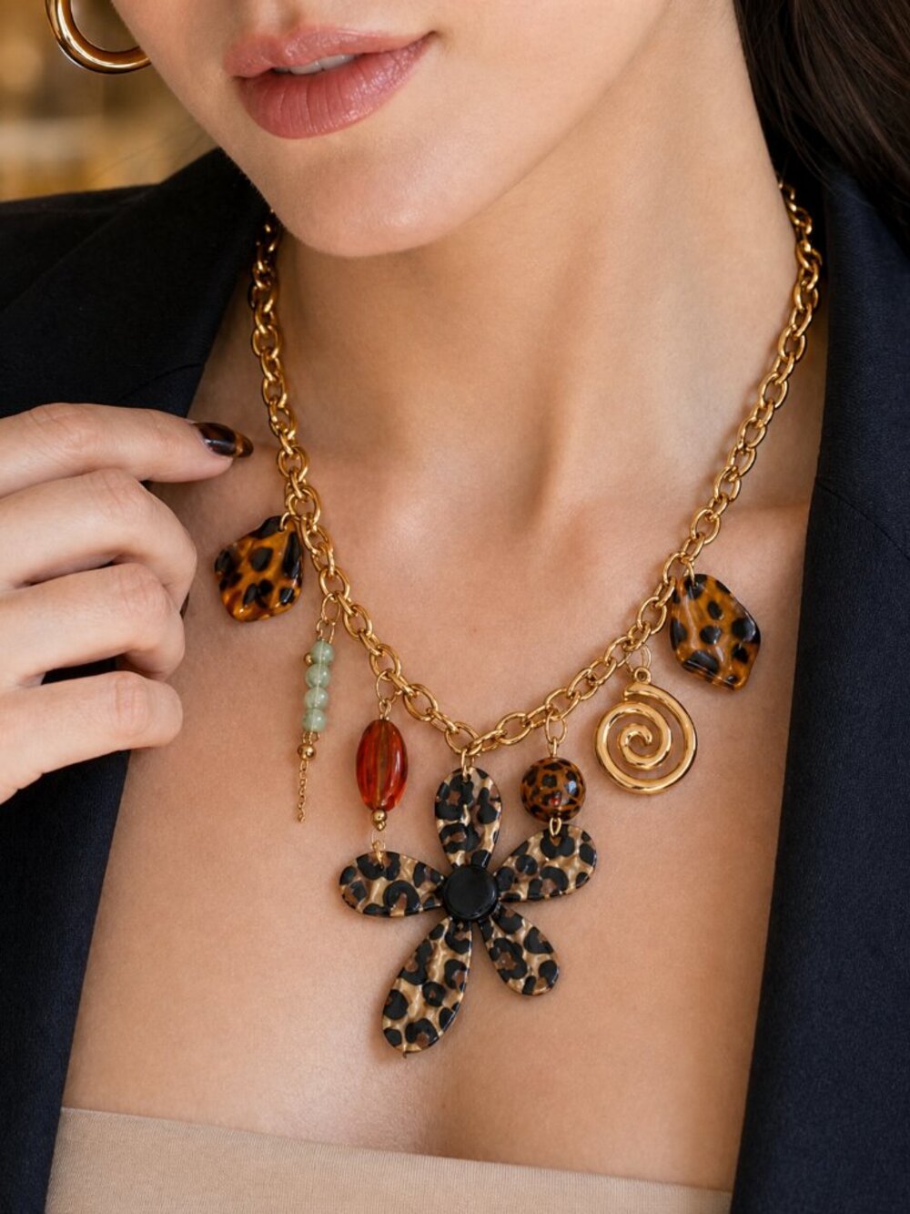 18K Gold Leopard Flower Charm Maximalist Mob Wife Y2K Statement Necklace 19in